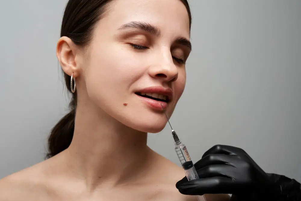 Female getting anti wrinkle injection procedure clinic.